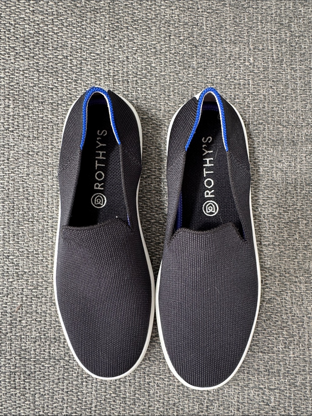 Rothy's Original Slip-On Sneakers Black Blue White Stripe | 8.5